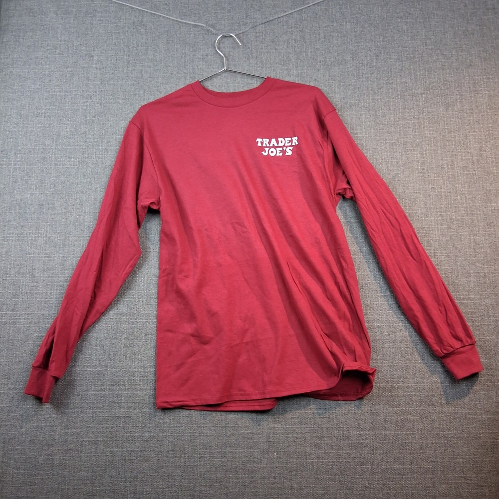 Trader Joe's Long Sleeve Graphic T-Shirt Mens Medium Maroon Red Gildan Cotton